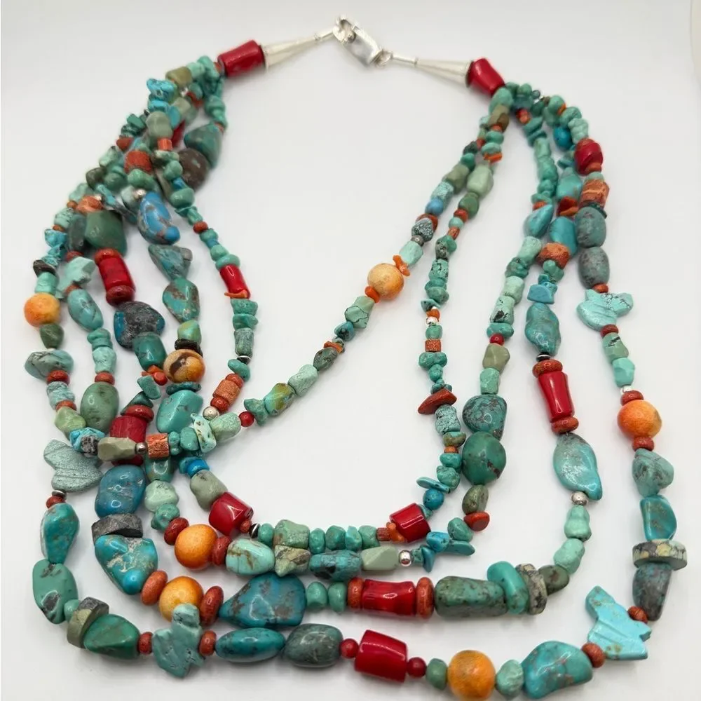 AMAZING ~20" 5 strands of Coral, Silver, TURQUOISE beads w/ VTG 925 TAXCO clasp! - Picture 9 of 13